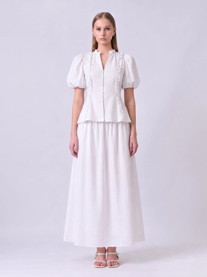 lha Ruffle Puff Sleeve Cotton Co-ord Set (White)