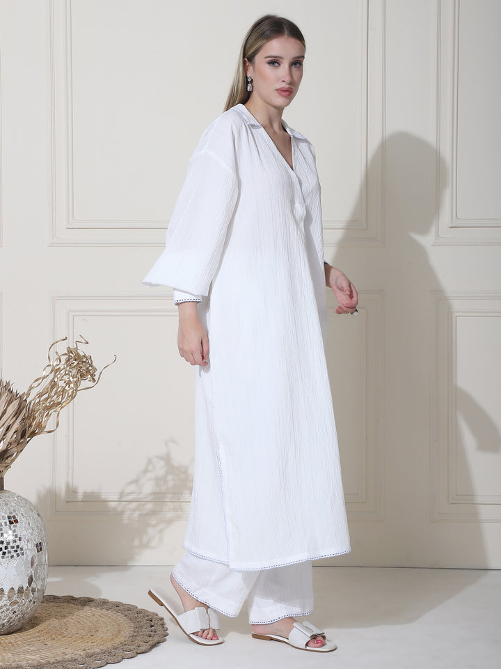 Aina, Crushed Hammer Pakistani Kurta Set (Clean-White)