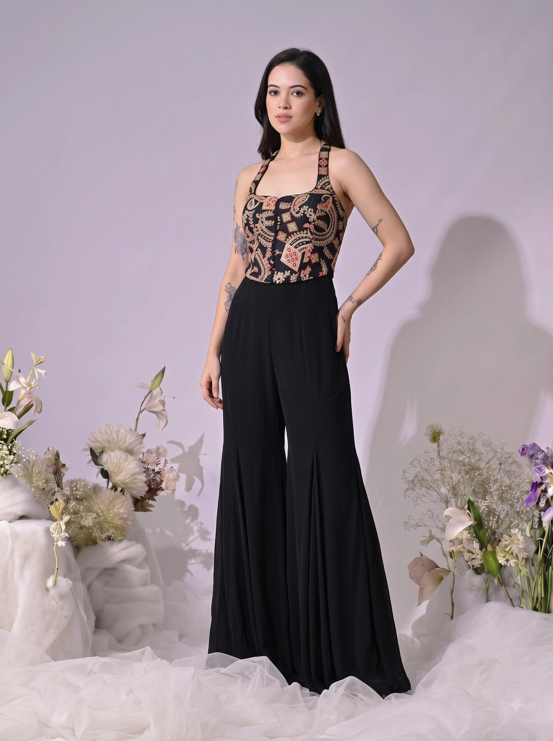 Kesha Indo-Western Crepe Sharara Set (Black)