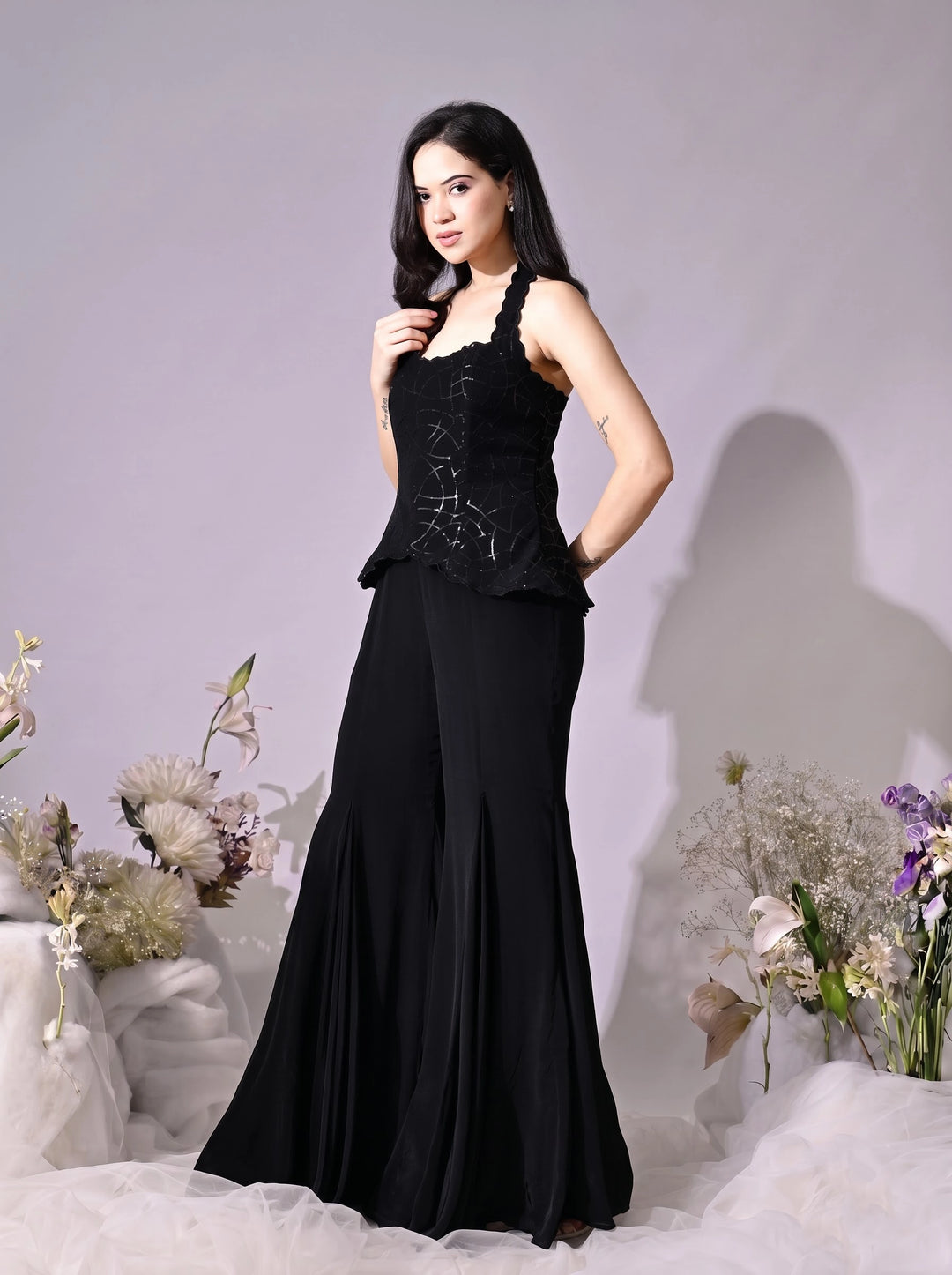 Kaila Black Sequins Indo-Western Sharara Set (Black)