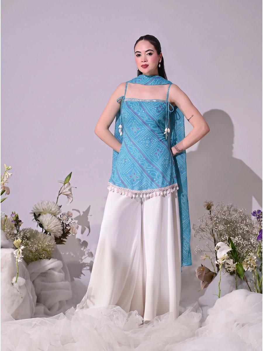 Leela Bandhani Print Georgette Co-ord Set (Blue)