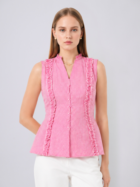 Cherie Gingham Ruffle Top (Pink)