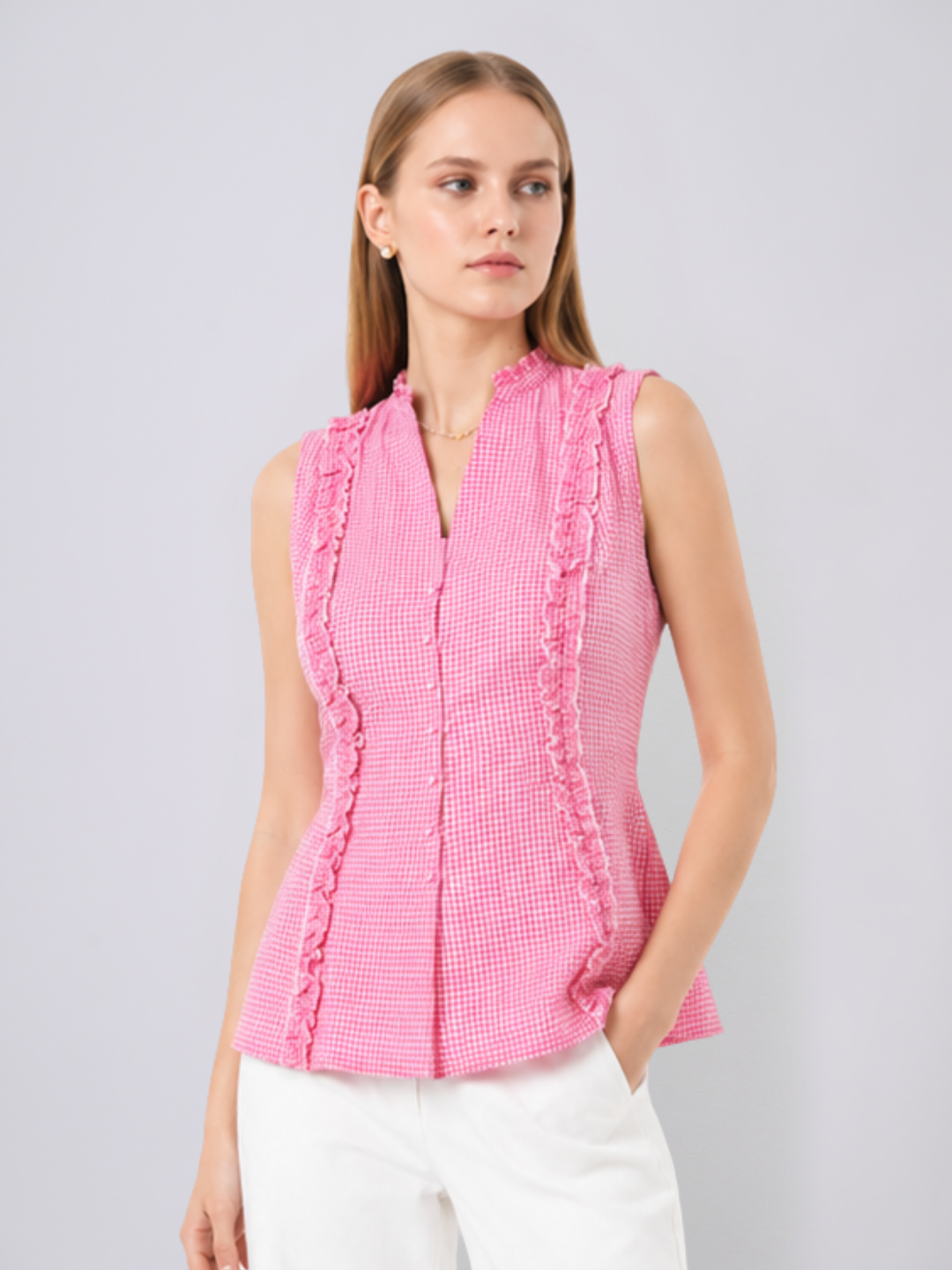 Cherie Gingham Ruffle Top (Pink)