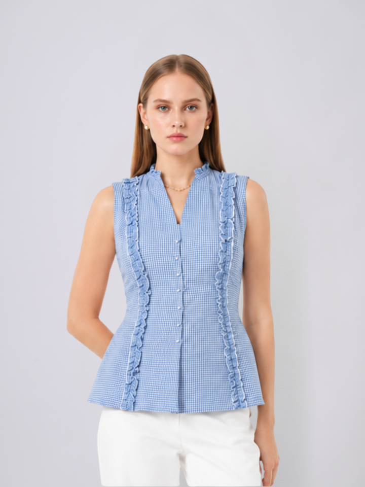 Cherie Gingham Ruffle Top (Blue)