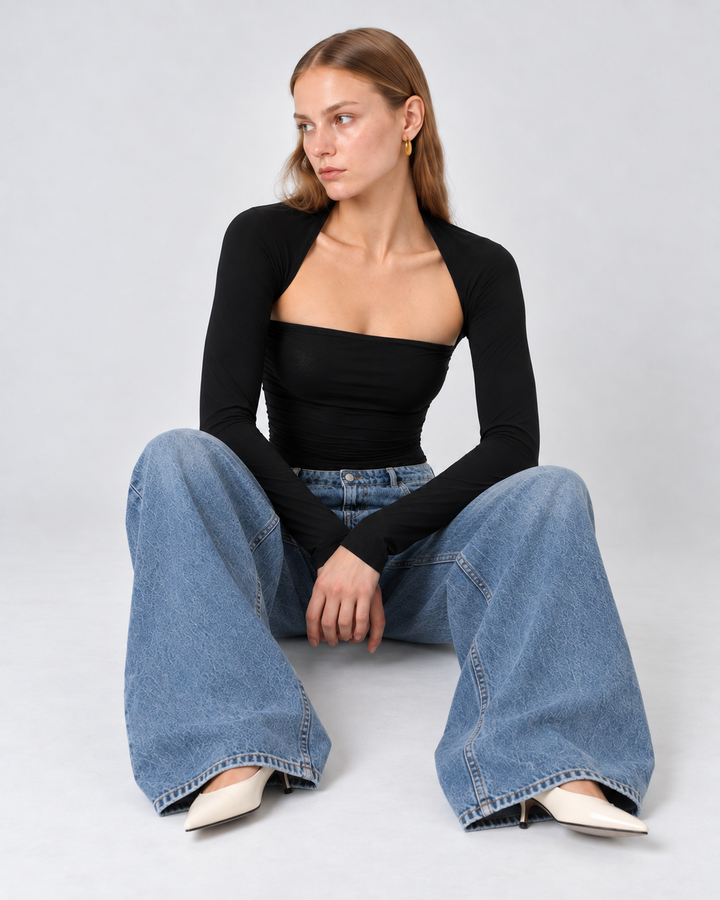 CIRCE Black Jersey Top with Bolero Sleeves