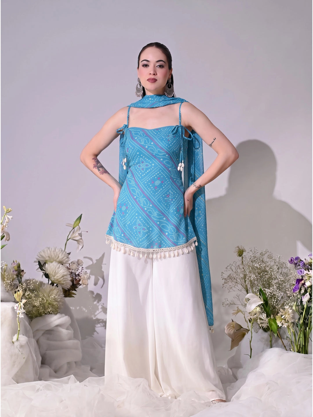 Leela Bandhani Print Georgette Co-ord Set (Blue)