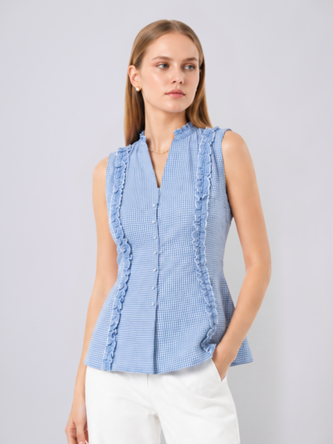 Cherie Gingham Ruffle Top (Blue)