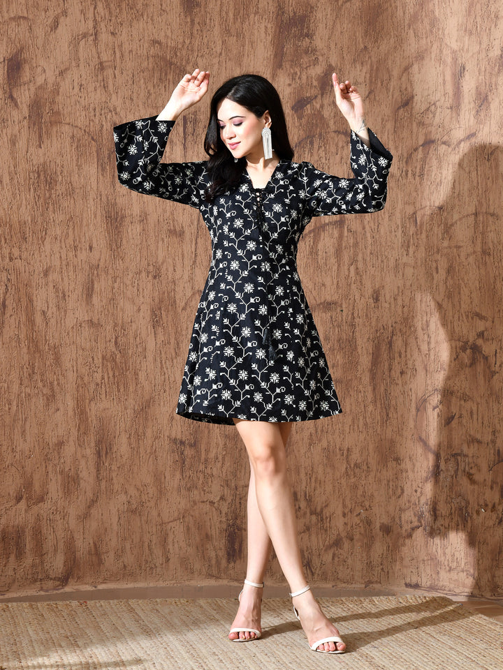 Alice Chanderi Sequined Eyelet Neck Dress (Black)