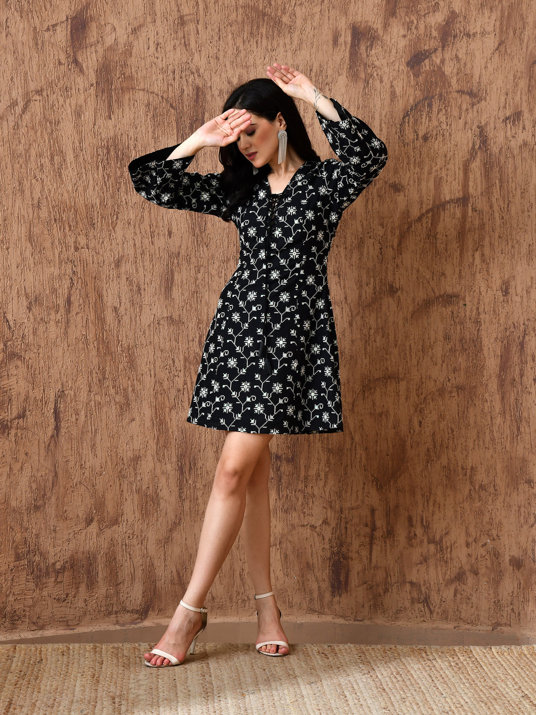 Alice Chanderi Sequined Eyelet Neck Dress (Black)