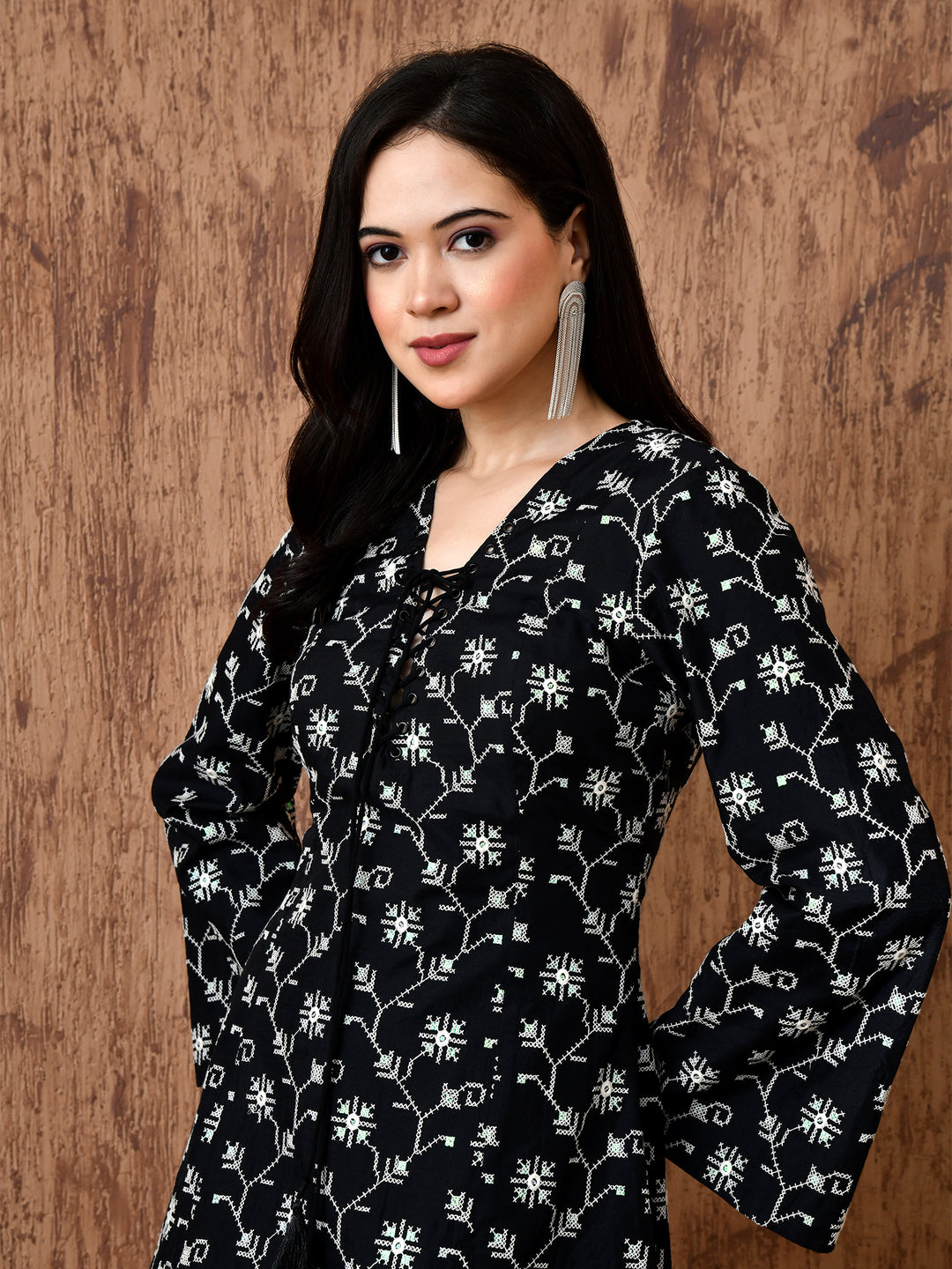 Alice Chanderi Sequined Eyelet Neck Dress (Black)