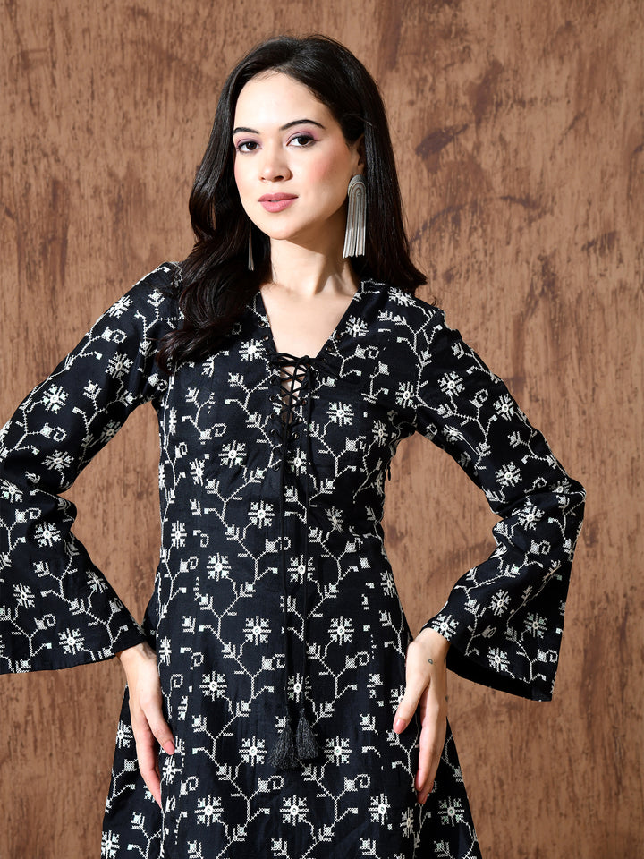 Alice Chanderi Sequined Eyelet Neck Dress (Black)