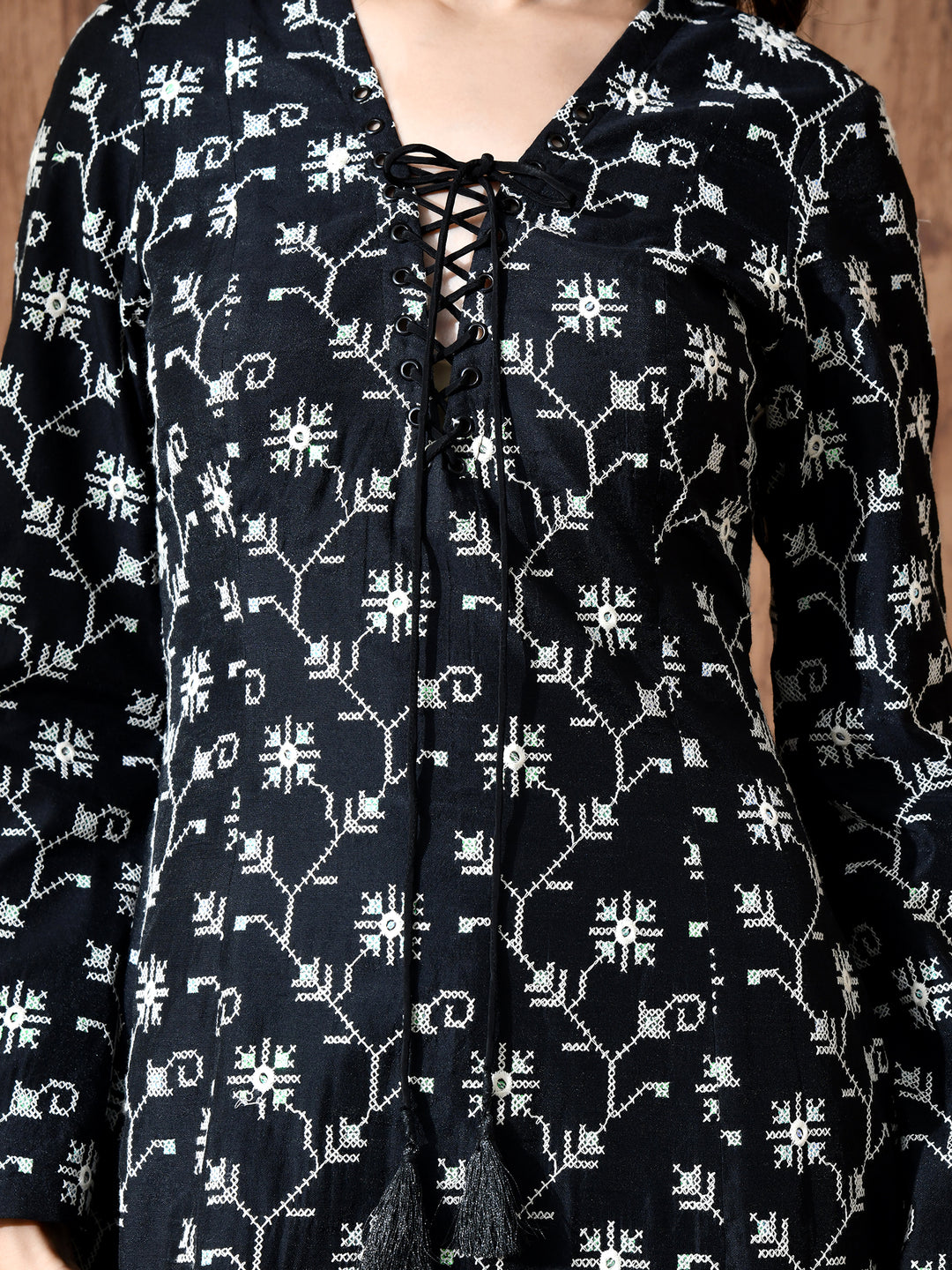 Alice Chanderi Sequined Eyelet Neck Dress (Black)