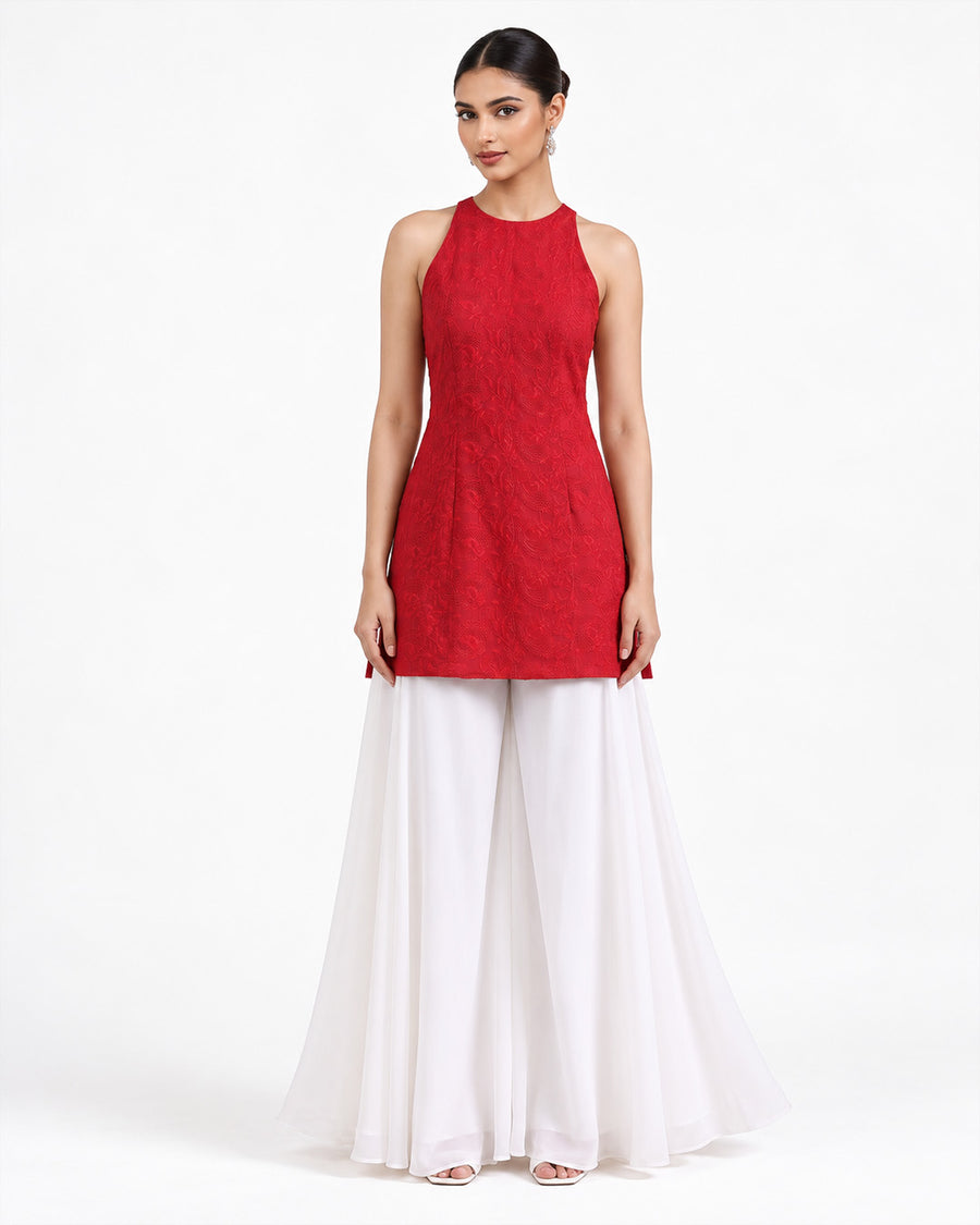 Anahi Chikankari Embroidery Co-ord Set (Red)