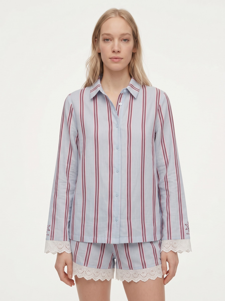 Lacy Bloom Powder Blue Striped Cotton Shorts Co-Ord