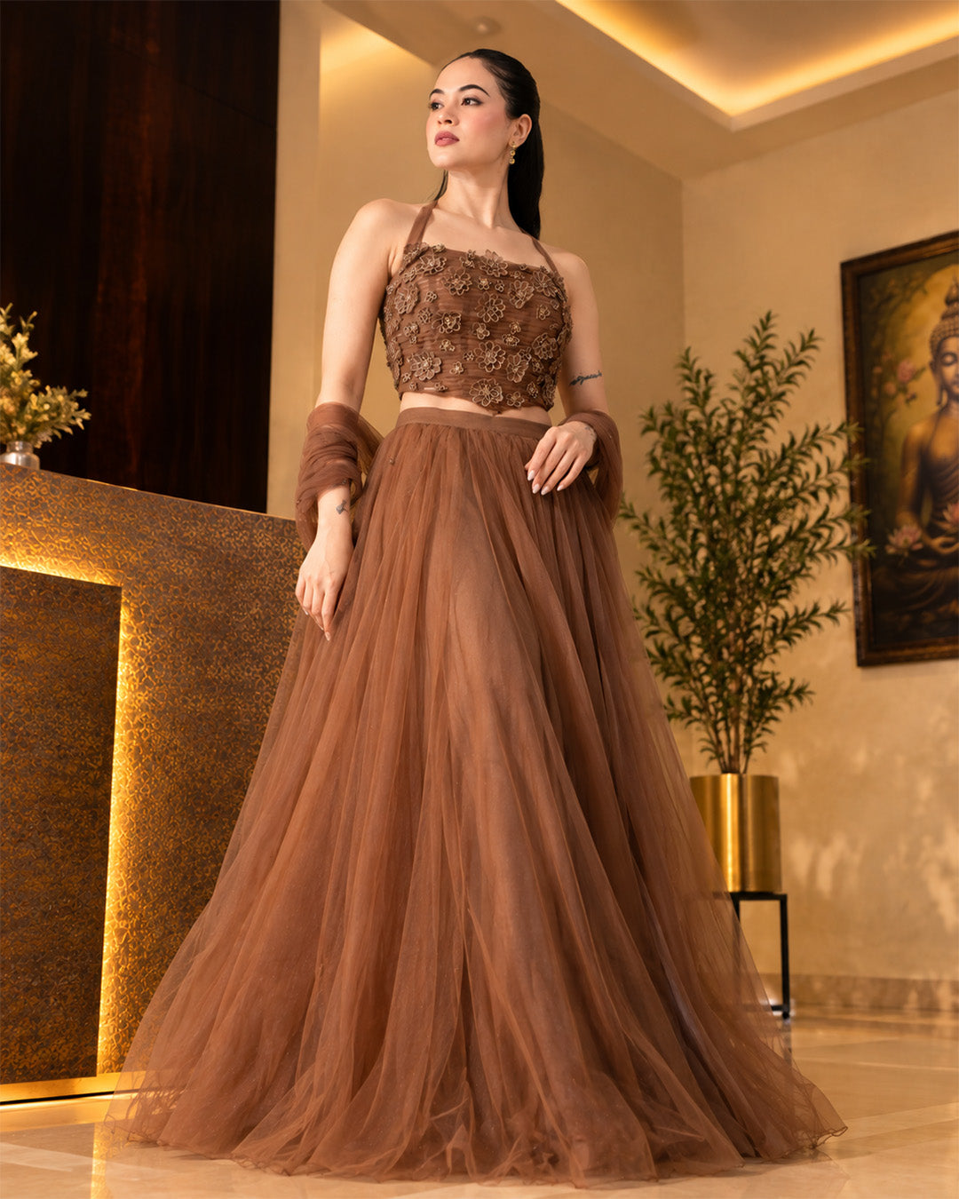 Airen Mocha Brown Mesh Lehenga Set