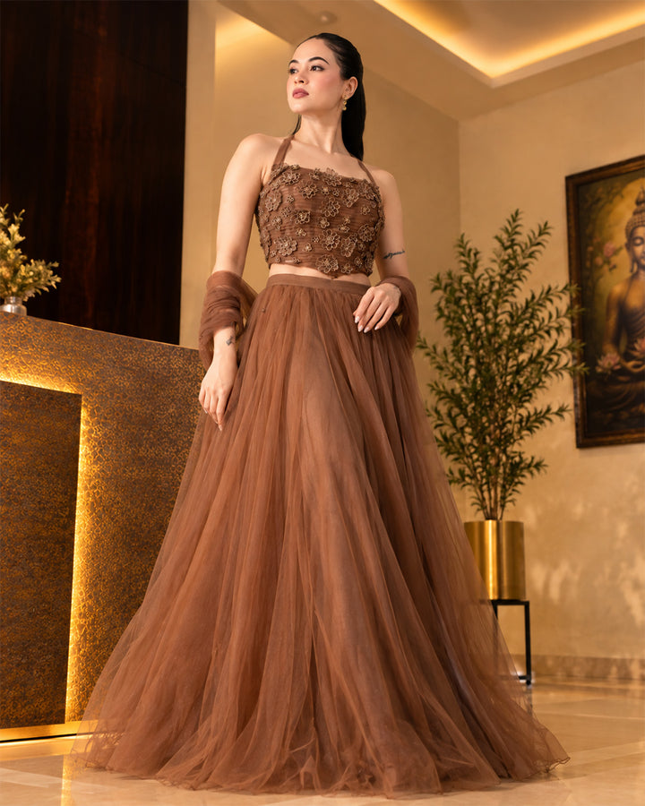 Airen Mocha Brown Mesh Lehenga Set