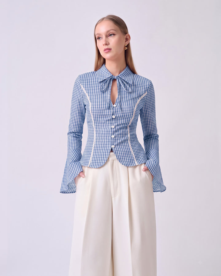 CHARLOTTE Blue Gingham Tailored Top