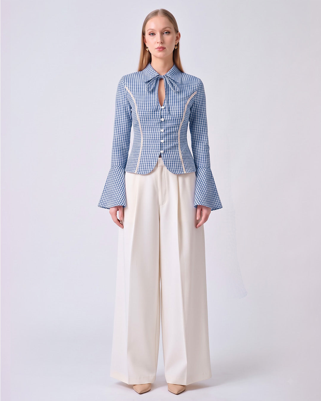 CHARLOTTE Blue Gingham Tailored Top