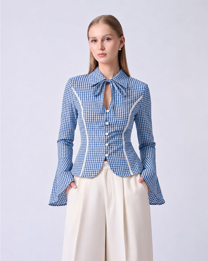 CHARLOTTE Blue Gingham Tailored Top
