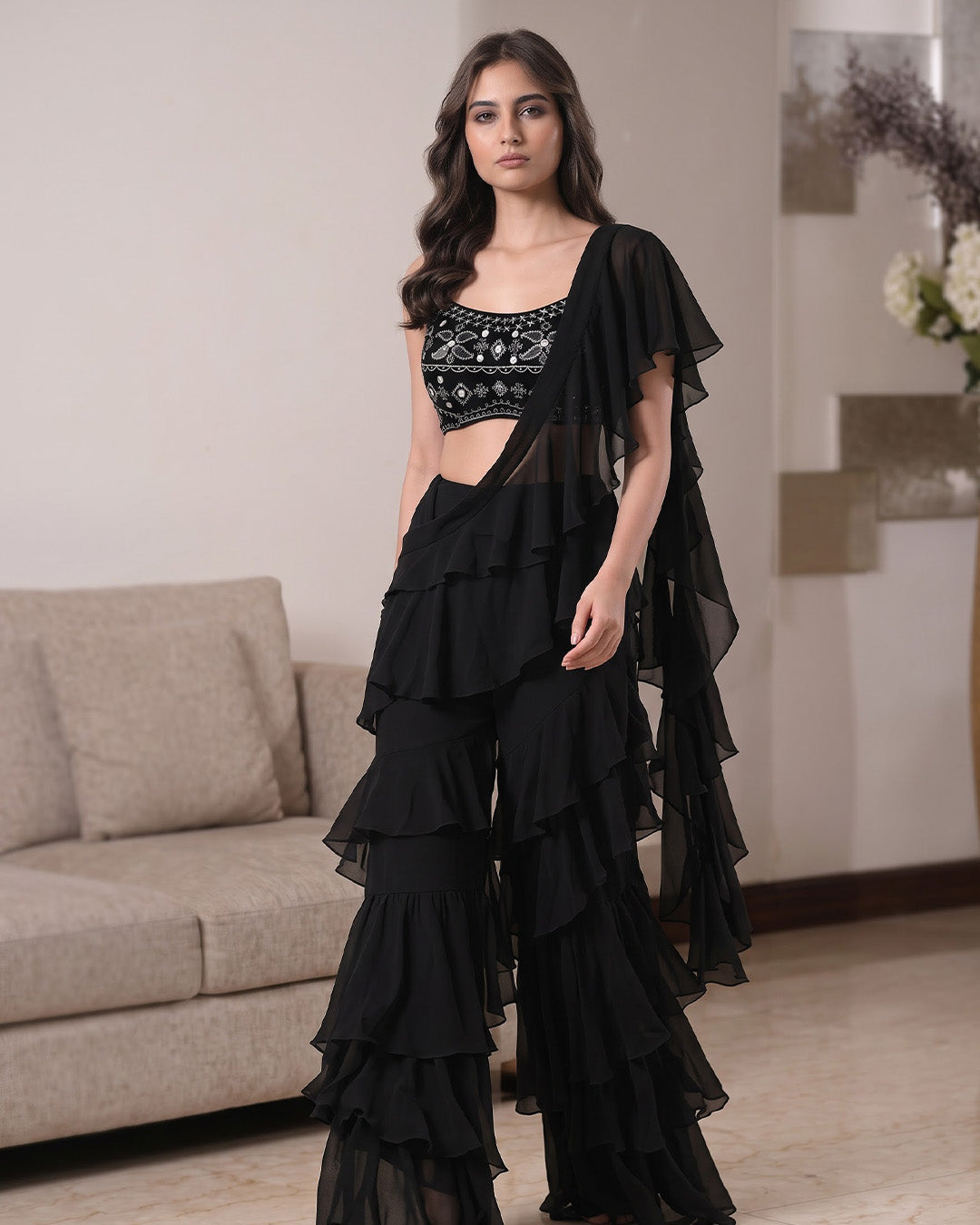 ASMAIRA Black Indo-Western Ruffle Set