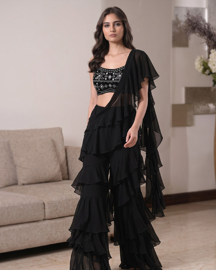 ASMAIRA Black Indo-Western Ruffle Set