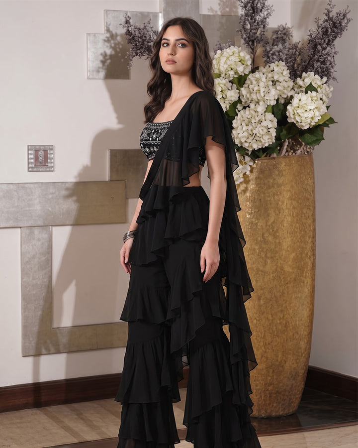 ASMAIRA Black Indo-Western Ruffle Set