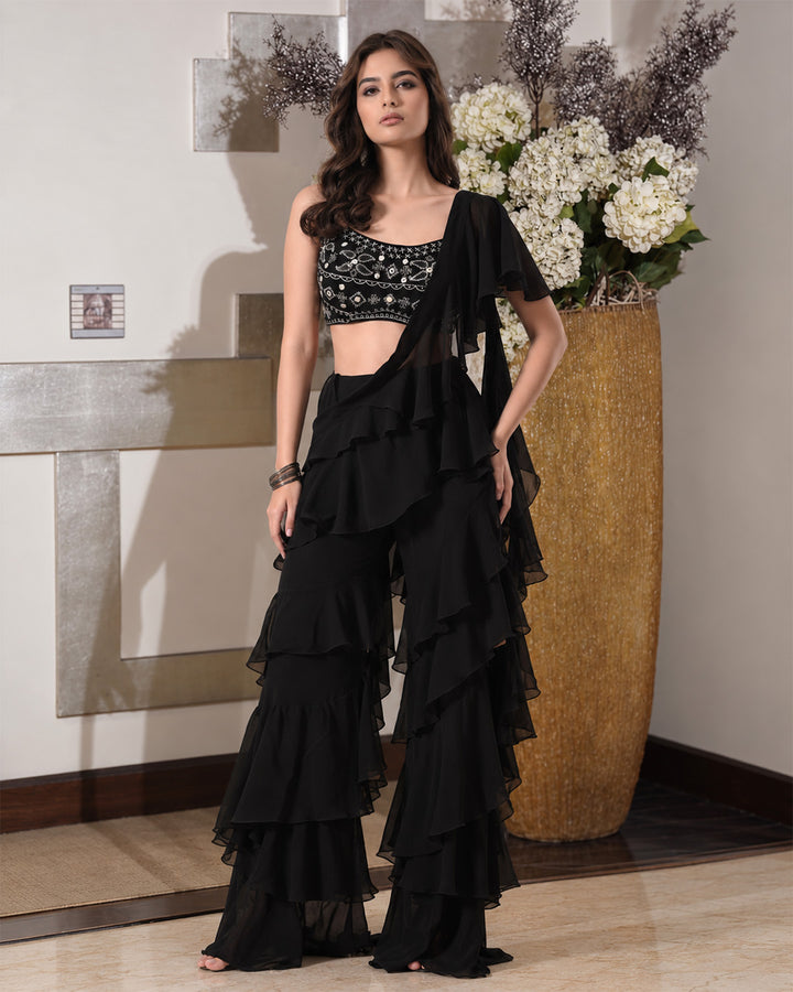 ASMAIRA Black Indo-Western Ruffle Set