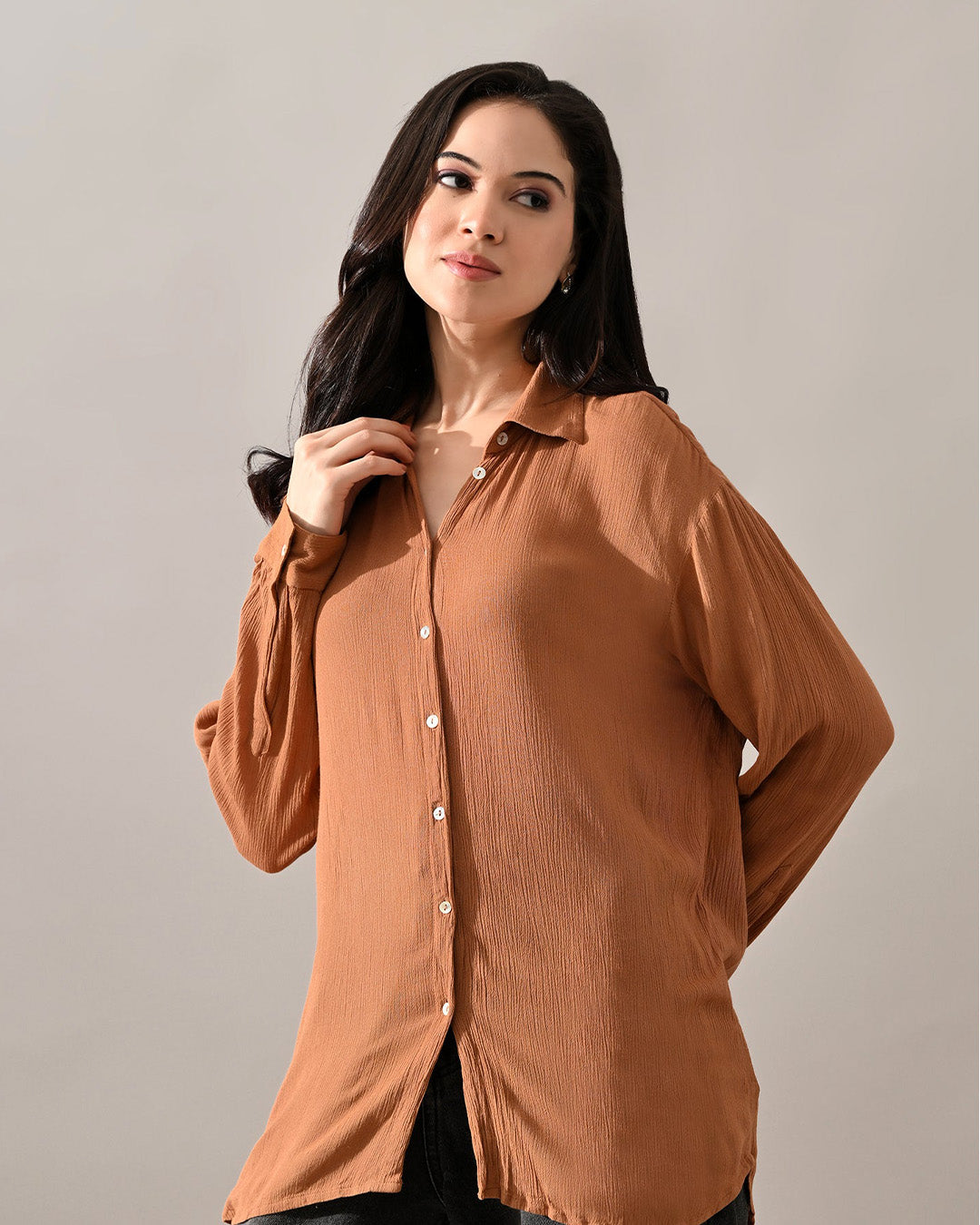 Caramel Crinkle Cotton Shirt (Brown)