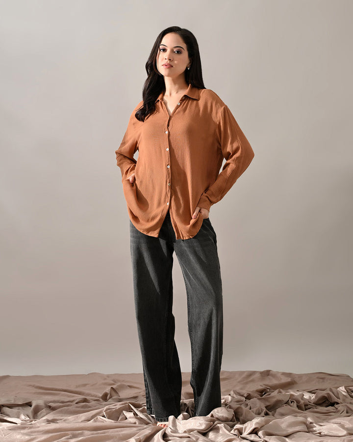 Caramel Crinkle Cotton Shirt (Brown)