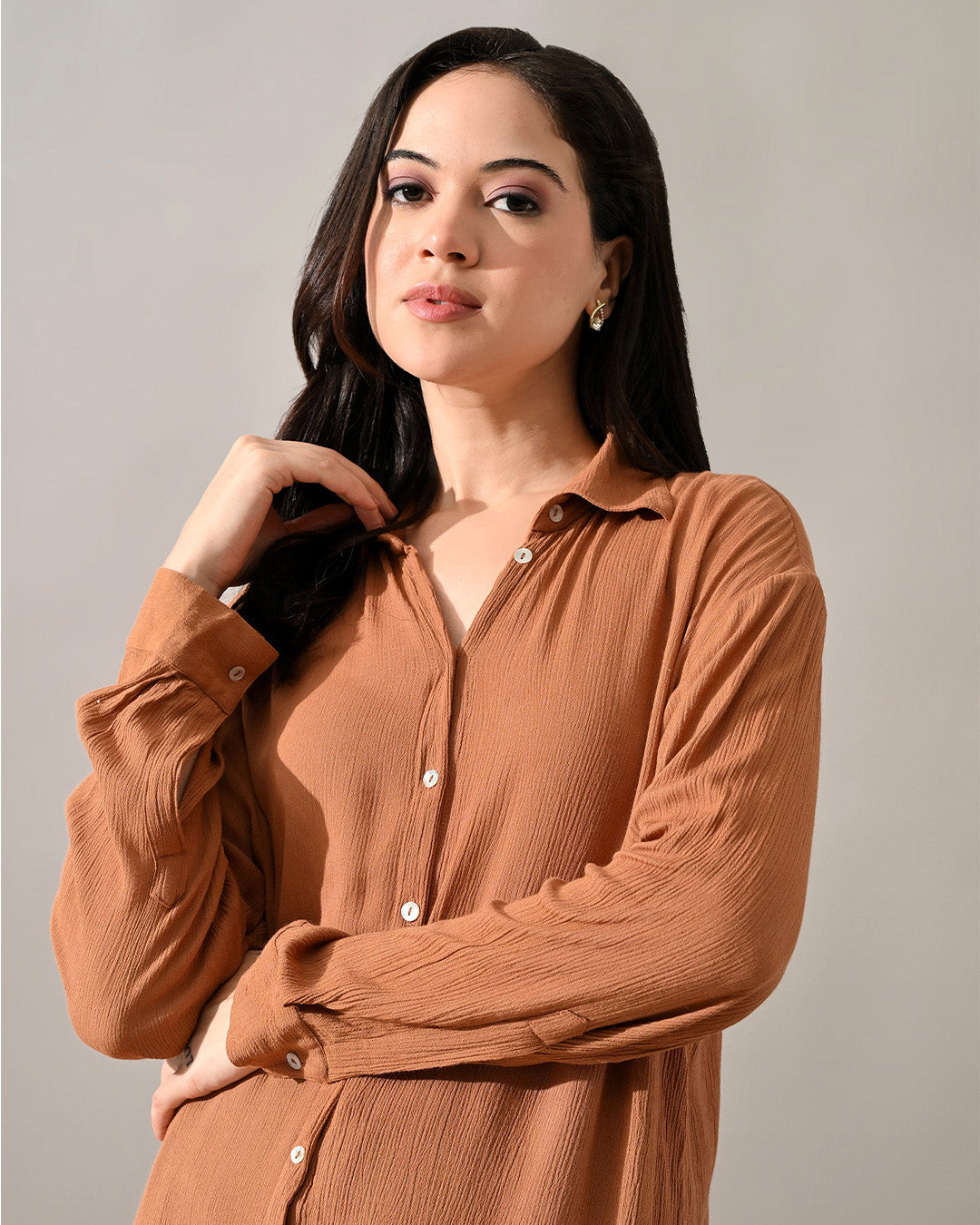 Caramel Crinkle Cotton Shirt (Brown)