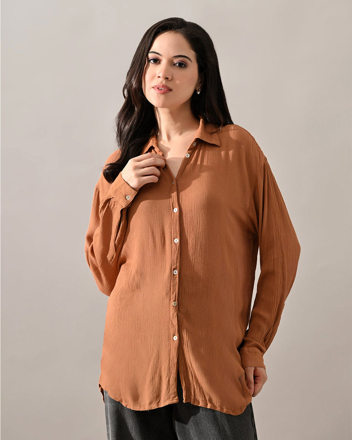Caramel Crinkle Cotton Shirt (Brown)