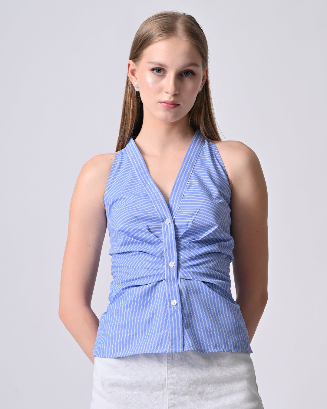 NORI HALTER NECK STRIPED TOP (Blue)
