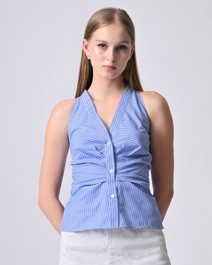 NORI HALTER NECK STRIPED TOP (Blue)