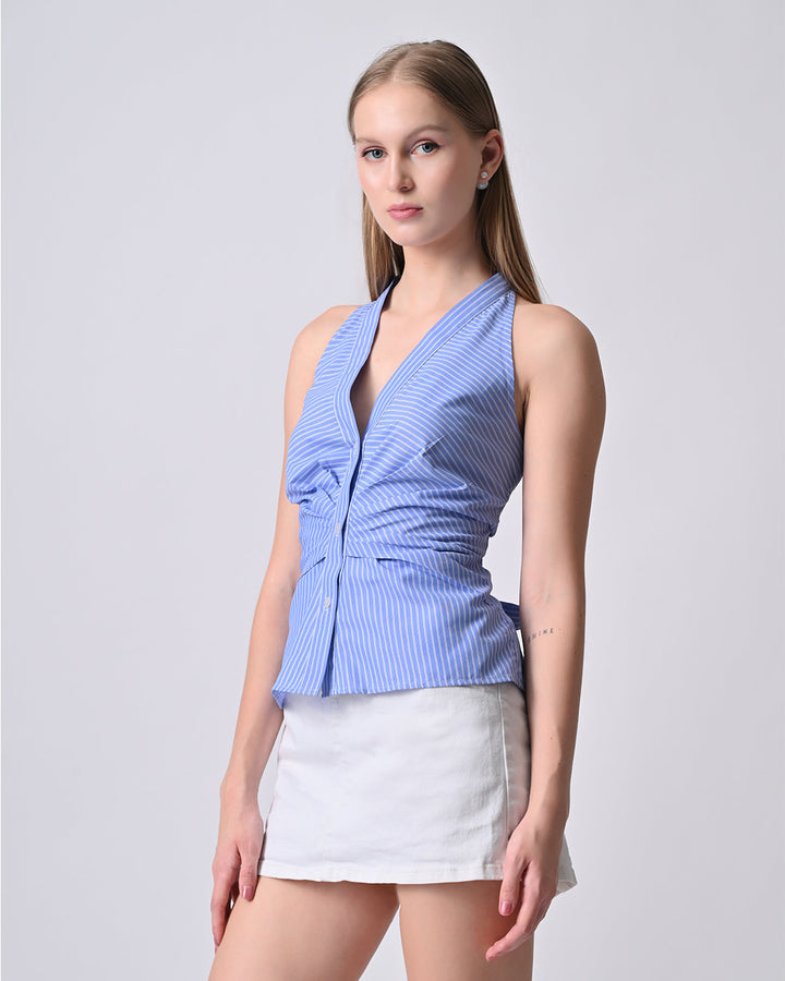 NORI HALTER NECK STRIPED TOP (Blue)