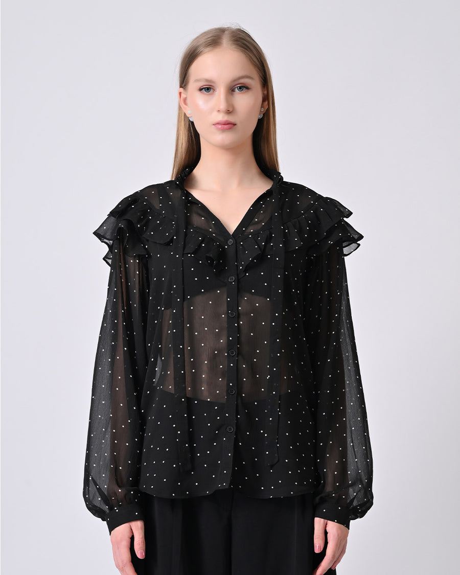 OLIVIA BLACK POLKA DOT RUFFLE SHIRT