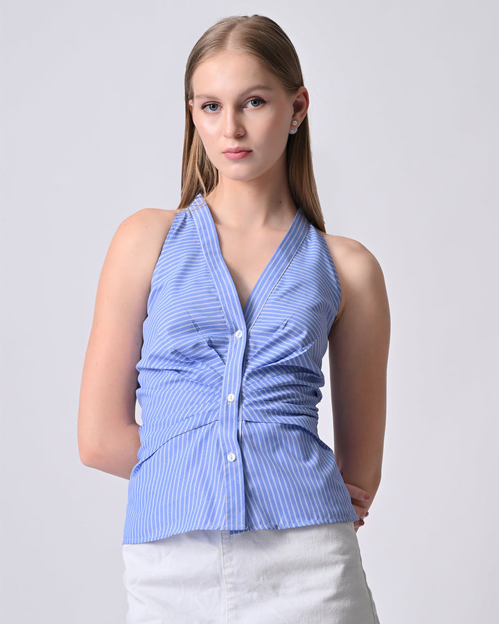 NORI HALTER NECK STRIPED TOP (Blue)