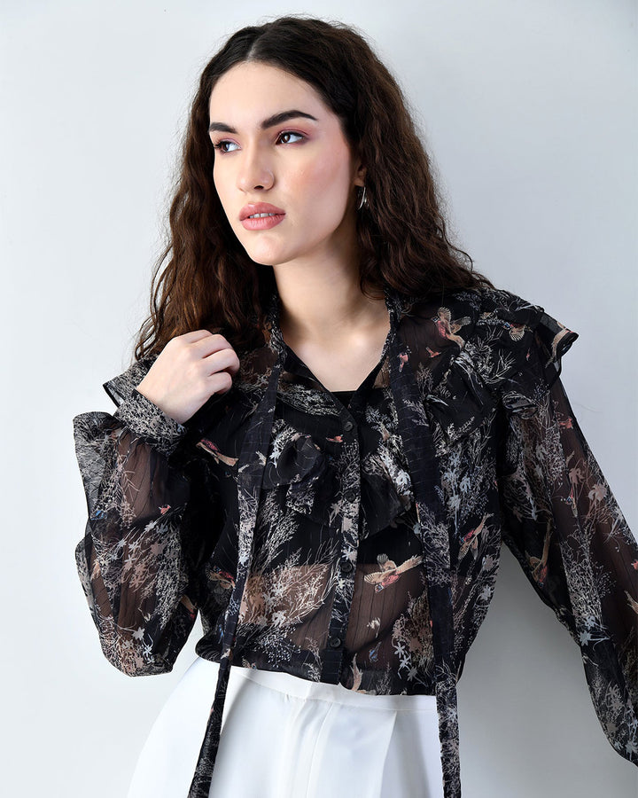 OLIVIA Black Printed Ruffle Shirt