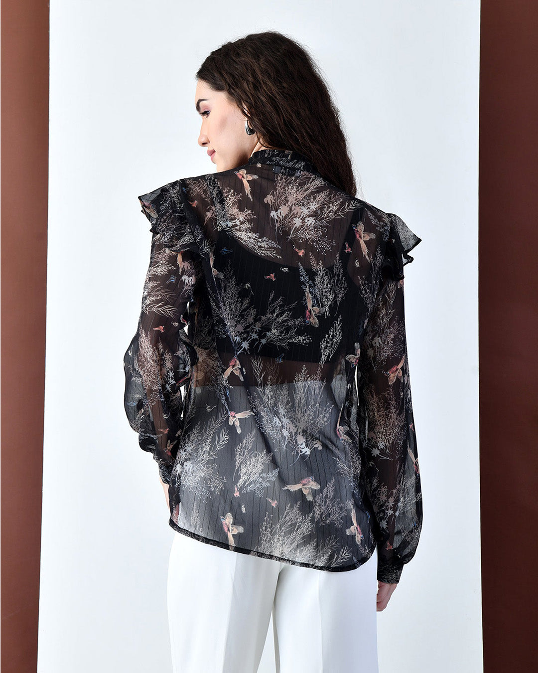 OLIVIA Black Printed Ruffle Shirt