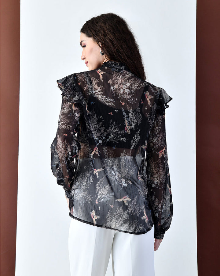OLIVIA Black Printed Ruffle Shirt