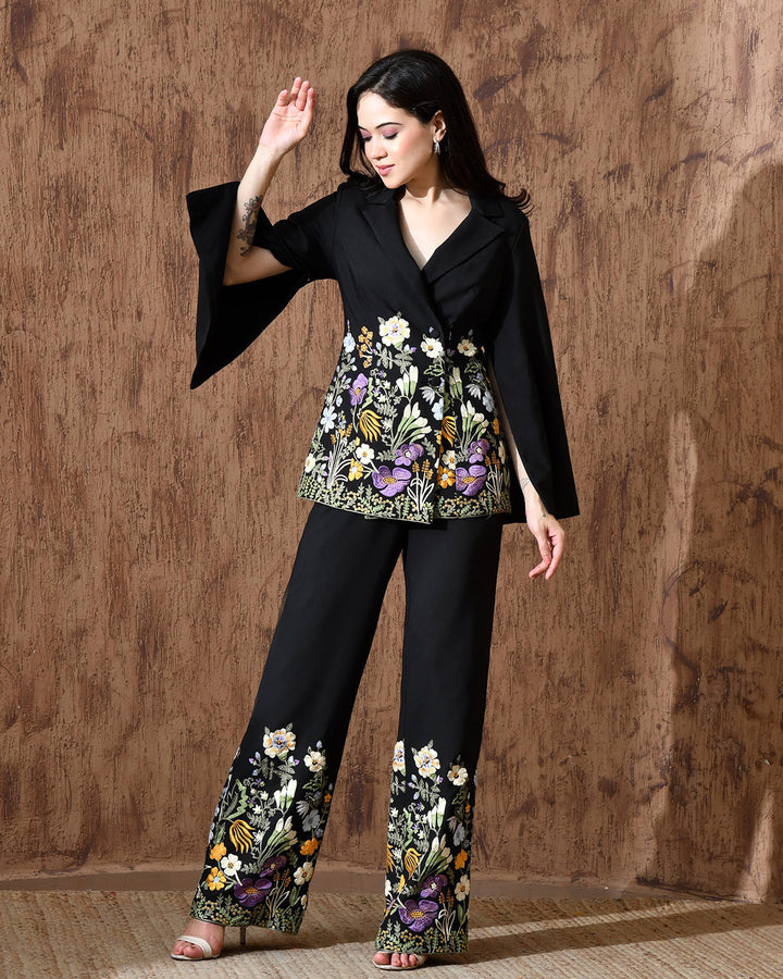 Rosalie Embroidered Banana Crepe Co-ord Set (Black)