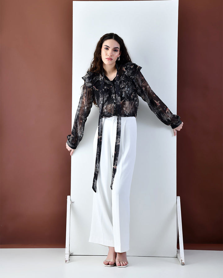 OLIVIA Black Printed Ruffle Shirt