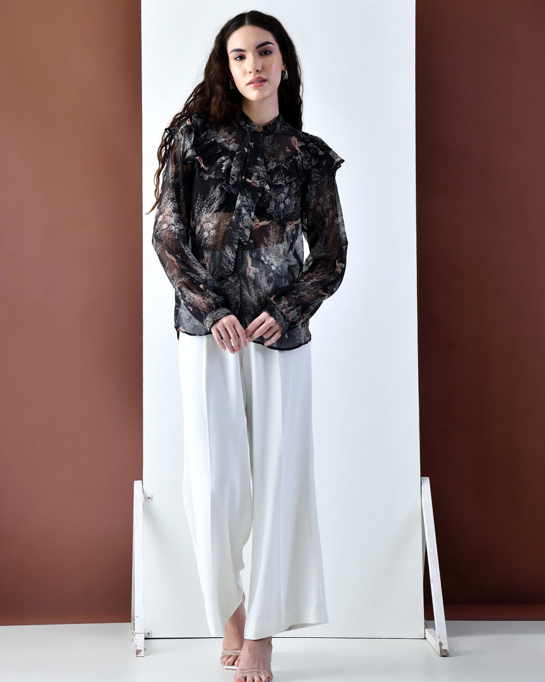 OLIVIA Black Printed Ruffle Shirt
