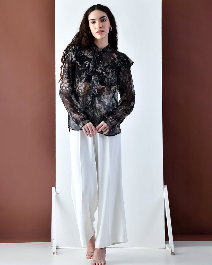 OLIVIA Black Printed Ruffle Shirt
