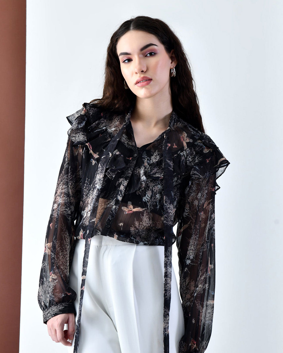OLIVIA Black Printed Ruffle Shirt