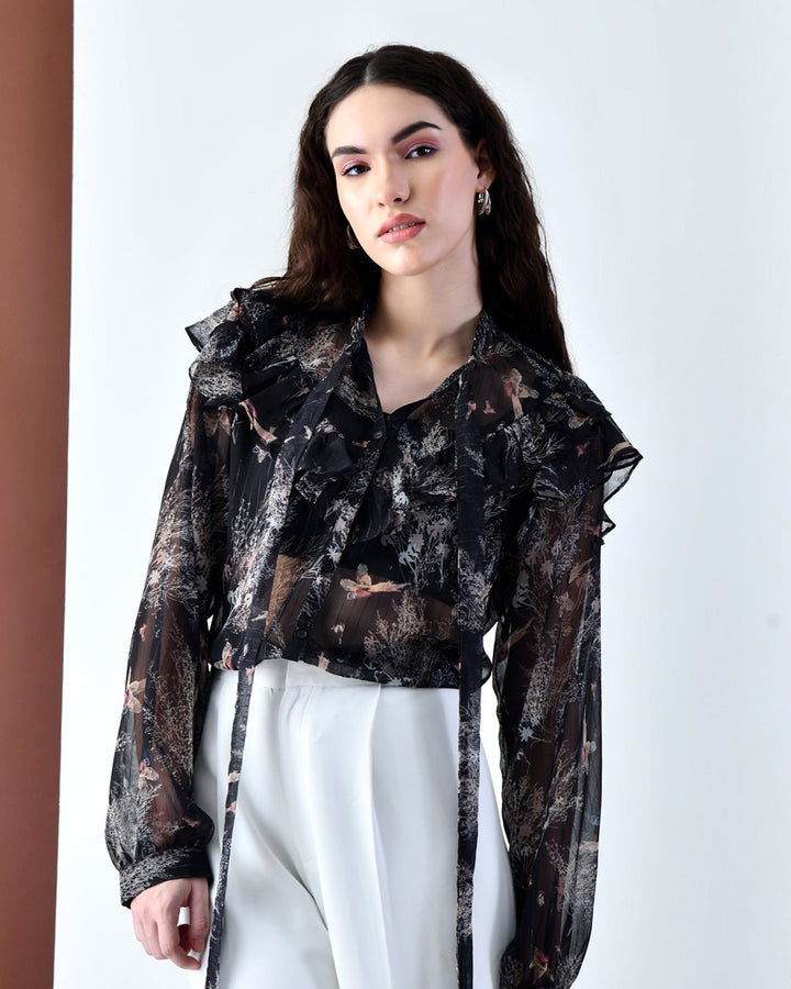 OLIVIA Black Printed Ruffle Shirt