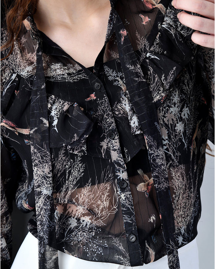 OLIVIA Black Printed Ruffle Shirt
