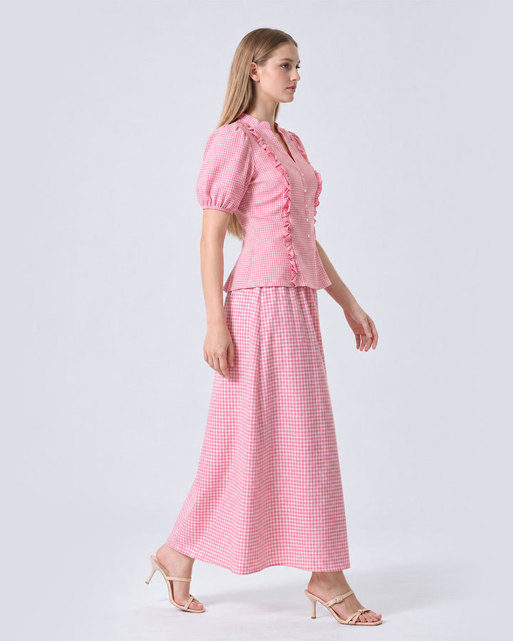 REIZE Gingham Puff Sleeve Co-ord Set ( Pink )