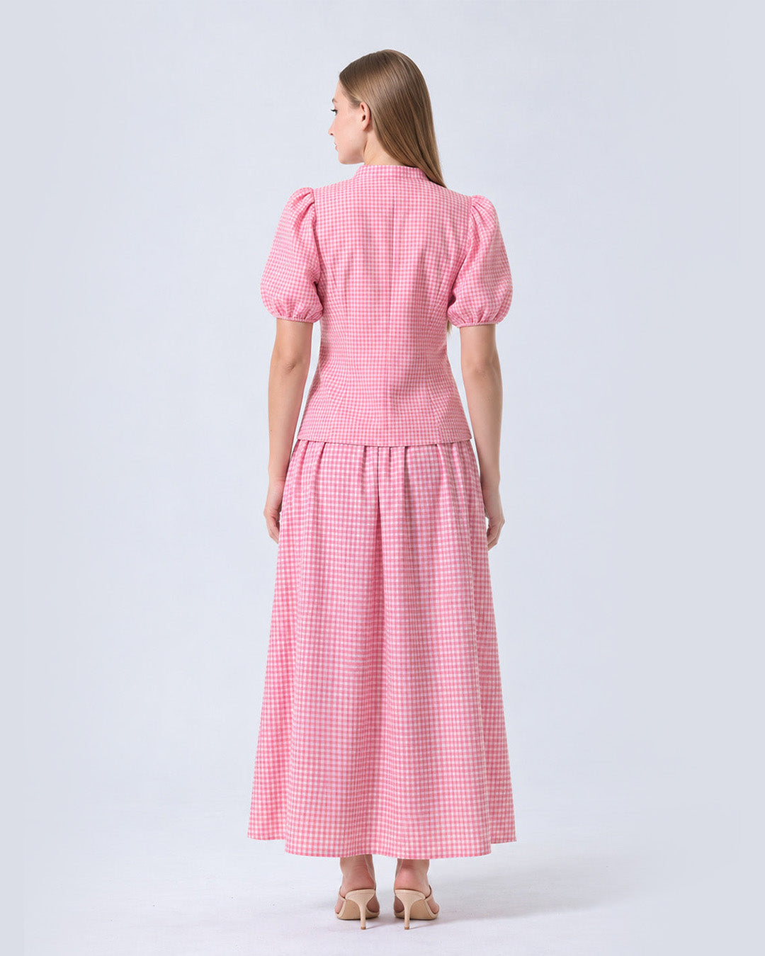 REIZE Gingham Puff Sleeve Co-ord Set ( Pink )