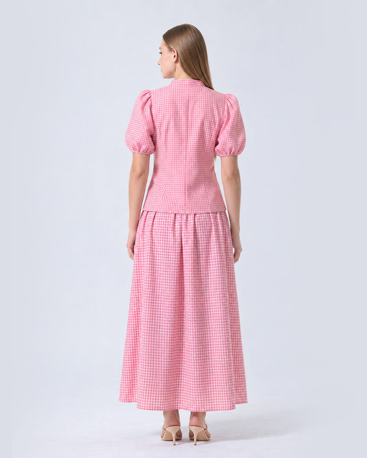 REIZE Gingham Puff Sleeve Co-ord Set ( Pink )