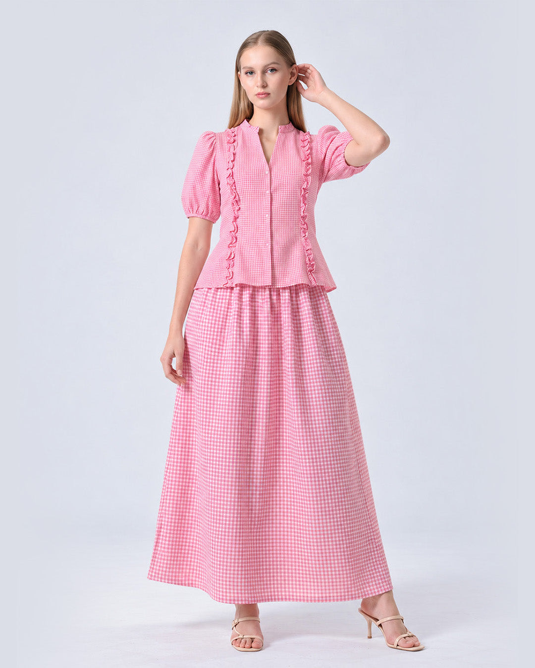 REIZE Gingham Puff Sleeve Co-ord Set ( Pink )